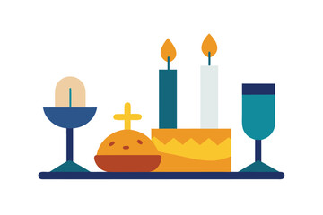 Decorative Flat Shabbat Set Bread Wine Candles On Table