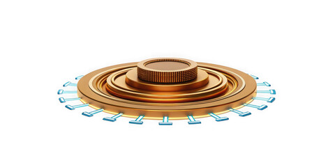 Fototapeta premium Futuristic golden circular platform with glowing blue connectors isolated on transparent background