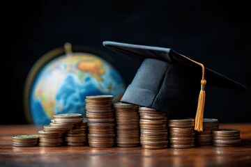 Stacks of coins arranged in ascending order topped with a black graduation cap with tassel, globe in the blurred background symbolizing education cost and global learning
