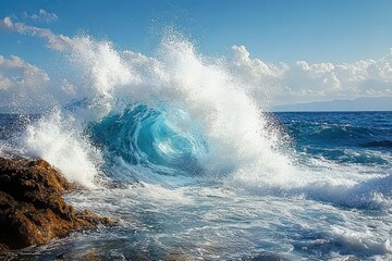 Naklejka premium Powerful ocean wave crashing against rocky shore with bright blue sky and scattered clouds in the background