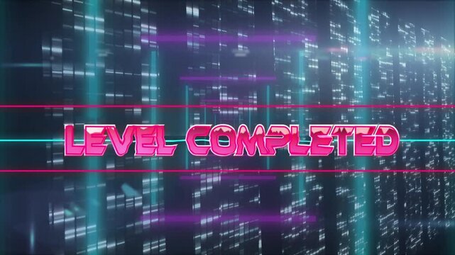 Neon purple bar sweeping down initiating pink LEVEL COMPLETED text appearing signaling completion