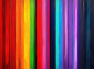 Vertical wooden planks painted in vibrant rainbow colors arranged side by side creating a colorful and cheerful pattern