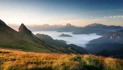Obraz premium tranquil mountain vista with mist shrouded peaks evokes peace in a serene landscape captured in soft