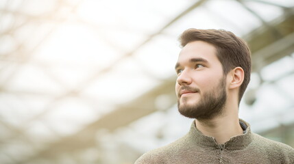 Portrait of caucasian man looking away in a greenhouse, concept of organic farming, sustainable agriculture
