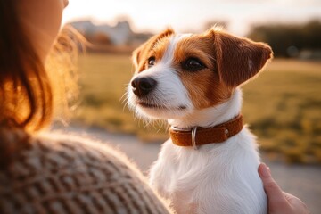 small brown and white dog with a collar looking attentively while being gently held by a person outdoors during golden hour