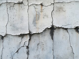 Obraz premium Close-up view of an old concrete wall with multiple deep cracks and weathered surface showing signs of aging and decay