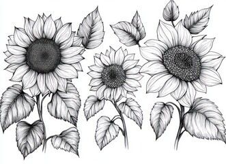 Detailed monochrome illustration of three sunflowers with textured petals and leaves, showing natural beauty and delicate botanical details