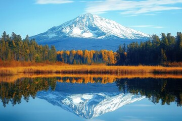 Snow-capped mountain reflected in a calm lake surrounded by autumn trees under a blue sky