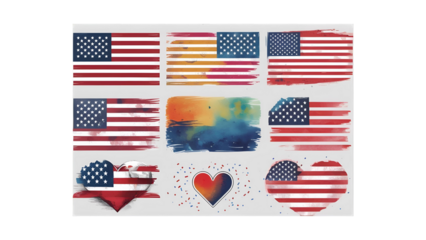 Patriotic watercolor flags present a collection of American themes, ideal for celebrating independence, honoring veterans, and adding artistic flair to national holidays with a brushstroke design.