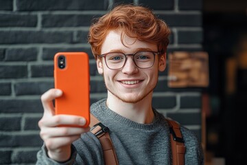 Happy young man with red hair and glasses taking a selfie with an orange smartphone against a dark brick wall background