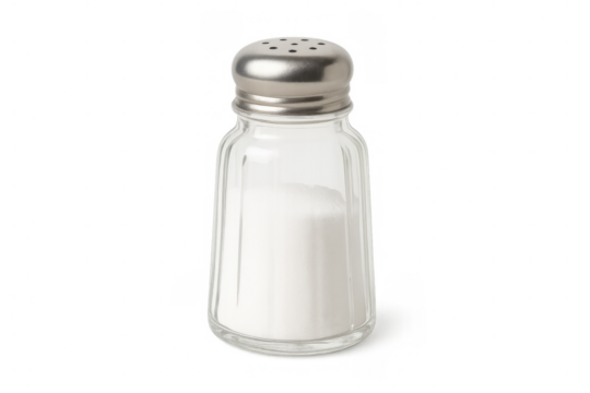 Classic glass salt shaker filled with white table salt, isolated on transparent background, ready for seasoning
