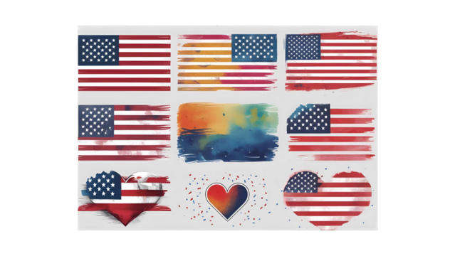 Patriotic watercolor flags present a collection of American themes, ideal for celebrating independence, honoring veterans, and adding artistic flair to national holidays with a brushstroke design.