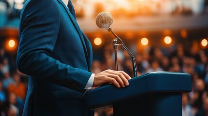 Close-up of a person in a suit speaking at a podium with a microphone in front of a blurred audience under warm lighting