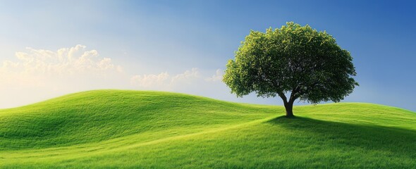 Lone tree standing on a gently rolling green grassy hill under a bright blue sky with soft clouds, evoking peace and tranquility