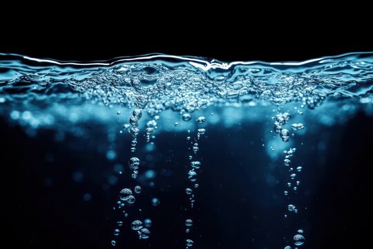 Close-up view of water surface with rising bubbles underwater in deep blue with dark background, showcasing fluid motion and clarity