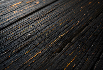 A close-up view of weathered, charred wood planks with a dark aesthetic.