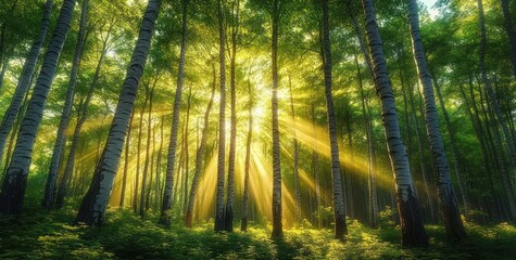 Obraz premium Sunlight streaming through tall birch trees in a dense green forest creating a peaceful and radiant atmosphere