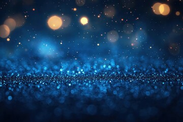 Abstract sparkling blue and golden bokeh lights creating a dreamy and magical atmosphere with soft glowing orbs and glittering particles