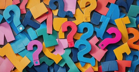 A chaotic pile of colorful question marks overlapping each other expressing confusion and curiosity