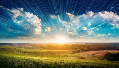 colorful illustration of earth and sky with swirling clouds and radiant sunrays over fertile land