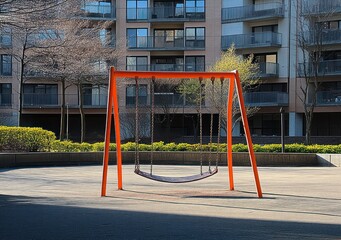 Empty red swing set in a sunny urban courtyard with apartment buildings and bare trees in the background