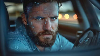 Obraz premium serious bearded man sitting in car with digital data projection overlay on face and window
