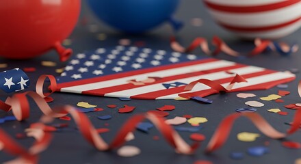 Patriotic Celebration American Flag Decorated with Balloons and Confetti