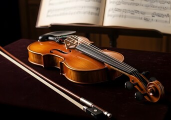 Fototapeta premium Classical Violin Resting on Velvet Surface with Sheet Music in Background