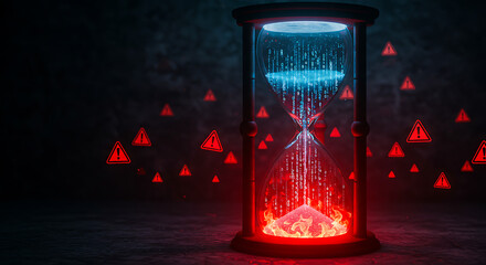 Futuristic glowing hourglass filled with digital binary code and warning symbols representing data overload time pressure system failure and cyber risk in a dramatic dark technology concept scene