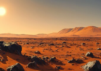 Naklejka premium Rocky red desert landscape under bright sun with distant orange hills and scattered stones on dry barren soil