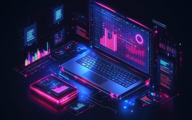 Futuristic digital workspace with holographic data charts, graphs and coding displays around a laptop and electronic devices glowing in neon blue and pink lighting