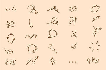 hand drawn cute cartoony expression sign doodle line stroke. Han drawn anime manga doodle line elements set. Collection of graphic effects for character emotion. movement in sketch style.