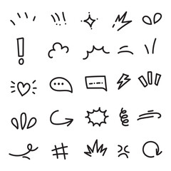 hand drawn cute cartoony expression sign doodle line stroke. Han drawn anime manga doodle line elements set. Collection of graphic effects for character emotion. movement in sketch style.