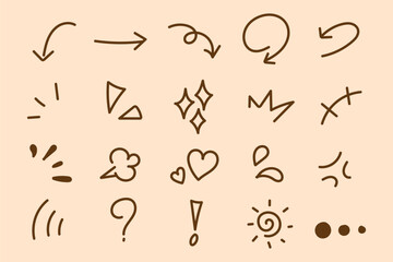 Expression and movement elements. Hand drawn emotion line, effects. Abstract hitting, jumping animation. Doodle curves, swirl, shape, motion. Vector set