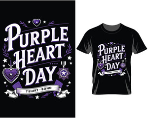 Purple Heart Day T Shirt Design with Heart and Stars Decoration