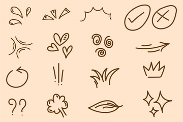 Marks and Signs cute element doodle cartoon hand drawn black line icon set