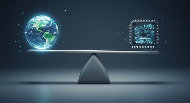 Digital circuit microchip balancing with realistic glowing earth planet on a futuristic see saw concept symbolizing technology sustainability harmony and global environmental responsibility
