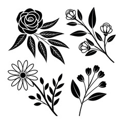 Line Art Silhouette Flowers with Rose, Daisy, Buds, and Leaves in Black Ink Style