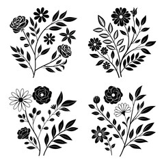 Hand Drawn Floral Silhouette Collection of Roses, Daisies, and Leaves in Black Line Art Style
