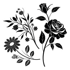 Black Floral Silhouettes with Roses, Daisies, Buds, and Leaves in Hand Drawn Line Art Composition