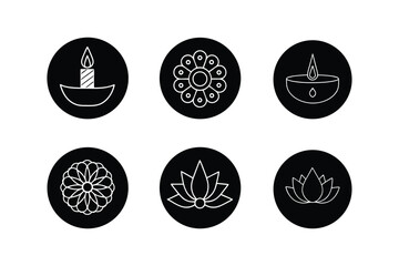 Diya Lotus Mandala Flower Icon Circle Set Vector Illustration
