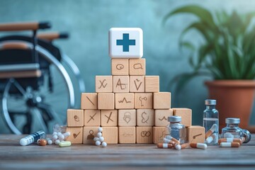 Stack of wooden blocks with medical symbols topped by a block with a blue medical cross surrounded by pills, capsules, medicine bottles, and a blurred wheelchair in background