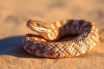 Obraz premium Close-up of a coiled brown and tan patterned snake resting on sandy ground under warm sunlight