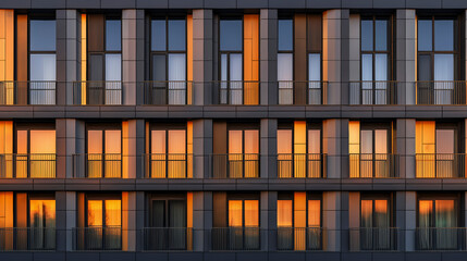 Obraz premium Modern Residential Apartments at Sunset With Warm Illuminated Windows