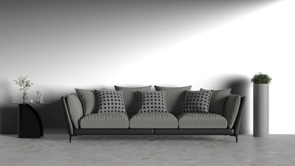 3D render a couch with pillows and a vase on a table