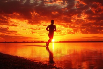 Fototapeta premium Silhouette of a person running through shallow water during a vibrant orange sunset with dramatic clouds overhead and calm reflective water surface