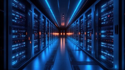 Obraz premium Symmetrical data center corridor with server racks illuminated by blue and orange LED lights, creating a futuristic and high-tech atmosphere