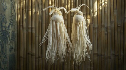 Two white, fibrous objects hanging against bamboo