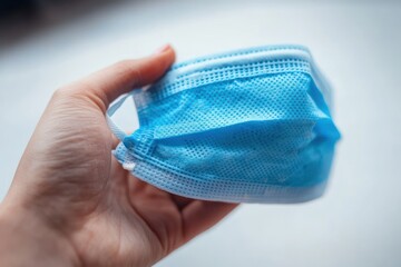 hand holding a disposable blue face mask with blurred light background symbolizing health protection and safety