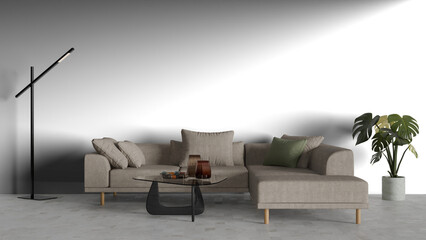 3D render a living room with a couch and a lamp